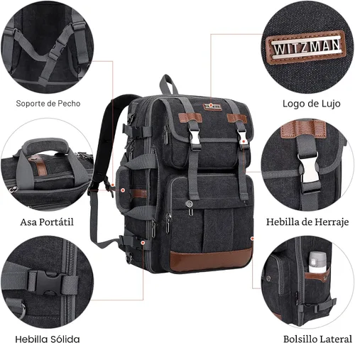 Miniatura 8 de Mochila de lona WITZMAN con puerto de carga USB, mochila grande de viaje, equipaje de mano, apta para laptops de 17 pulgadas, para hombres, Negro