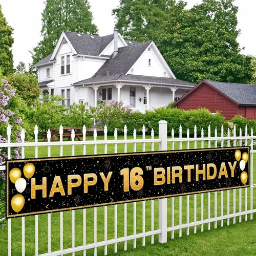 Miniatura 3 de Decoraciones de cumpleaños número 16 para niños y niñas, pancarta de decoración de feliz cumpleaños de 16 años en negro y dorado, suministros