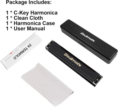 Miniatura 5 de Soulmate Armónica Blues de 24 agujeros, clave C, con estuche, órgano de boca, armónica diatónica para principiante, adulto, profesional, Negro