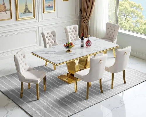 Miniatura 37 de Henf Juego de mesa de comedor de mármol sintético de 68 pulgadas para 6, juego de mesa de comedor de 7 piezas con 6 sillas copetudas de terciopelo