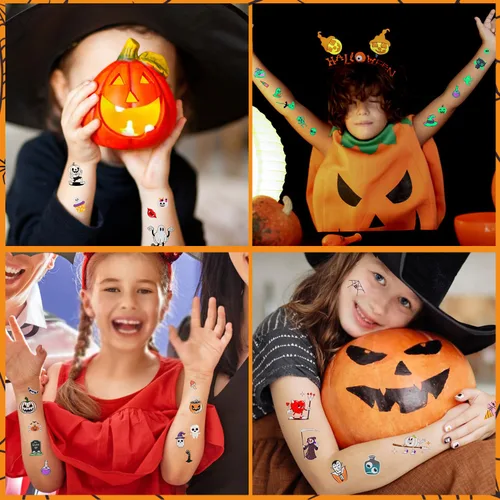 Miniatura 6 de LOMIMOS 320 tatuajes temporales que brillan en la oscuridad, impermeables, aterradoras, extraíbles para la cara y el cuerpo, para dulces o bolsas