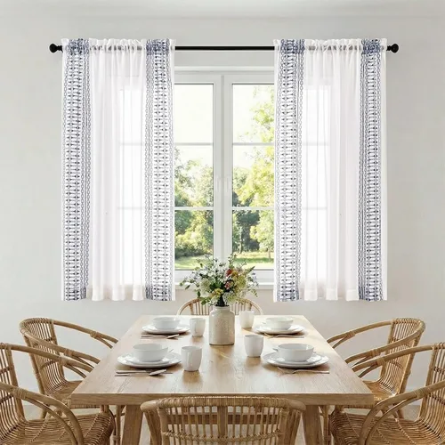 Miniatura 6 de jinchan Cortinas traslúcidas para sala de estar, dormitorio, cortinas azules bohemias bordadas, cortinas de gasa bohemias de 63 pulgadas de largo