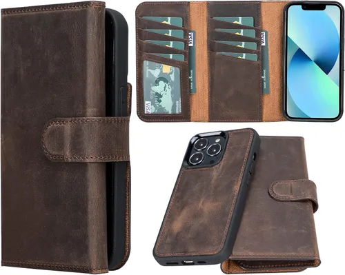 Bayelon Funda compatible con iPhone 13 Pro, billetera de cuero triple de grano completo [2 en 1], funda magnética desmontable con ranuras para