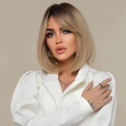Miniatura 4 de HAIRCUBE Peluca corta estilo Bob rubio ceniza ombré con raíz oscura con flequillo, pelucas sintéticas hasta el hombro para mujer