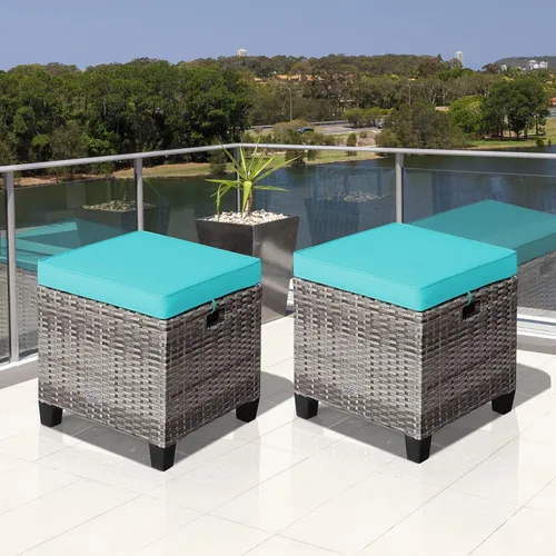 Miniatura 5 de Tangkula Juego de 2 otomanas de ratán para patio, reposapiés de mimbre para exteriores, con cojines suaves y marco de acero, juego otomano de patio