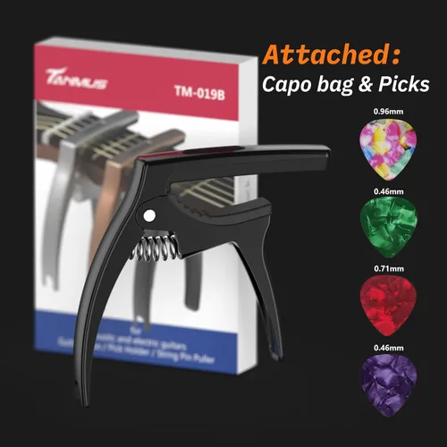 Miniatura 6 de Cejilla de Guitarra, TANMUS - Cejilla de metal de zinc 3 en 1 para guitarras acústica y eléctrica (con soporte para púas y 4 púas), para ukelele