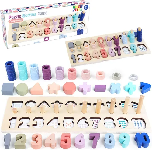 CozyBomB™ Juguetes Montessori educativos para niños de 1 año – Rompecabezas de madera para apilar números, actividades de aprendizaje preescolar,