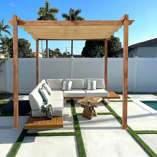 Miniatura 9 de PURPLE LEAF Pérgola retráctil para exteriores de 10 x 10 pies con toldo, refugio de metal para patio, jardín, pabellón, marco de grano de madera