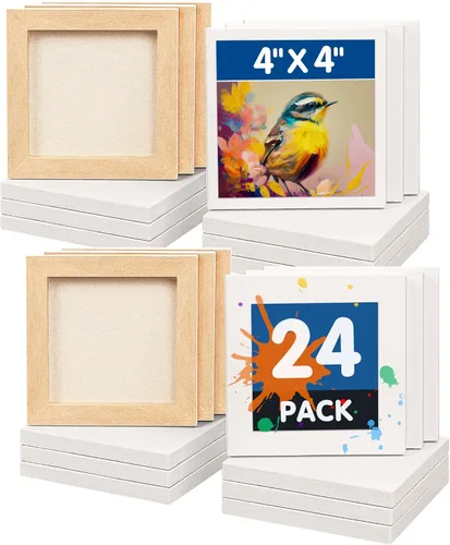 FIXSMITH Mini Lienzo Estirado para Pintura - Paquete de 24, 4 x 4 Pulgadas, Perfil de 2/5", Lienzos Cuadrados Pequeños, Lienzo en Blanco 100%