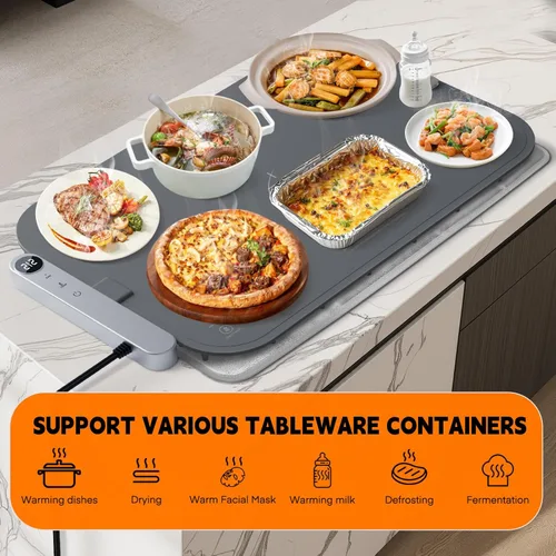 Miniatura 6 de Homelove Tapete de calentamiento para alimentos, bandeja de calentamiento eléctrica con 6 niveles de temperatura y ajuste de horas, calefacción