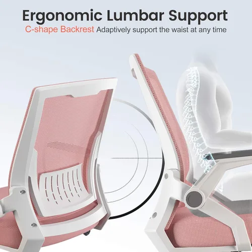 Miniatura 3 de COMHOMA Silla de oficina con reposabrazos abatibles, silla de escritorio ergonómica para computadora con soporte lumbar adaptable y malla Rosa