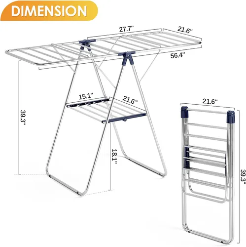 Miniatura 2 de KINGBOARD Tendedero de secado de ropa, con altura ajustable, ala de gaviota plegable para un fácil almacenamiento, sin montaje, uso en interiores