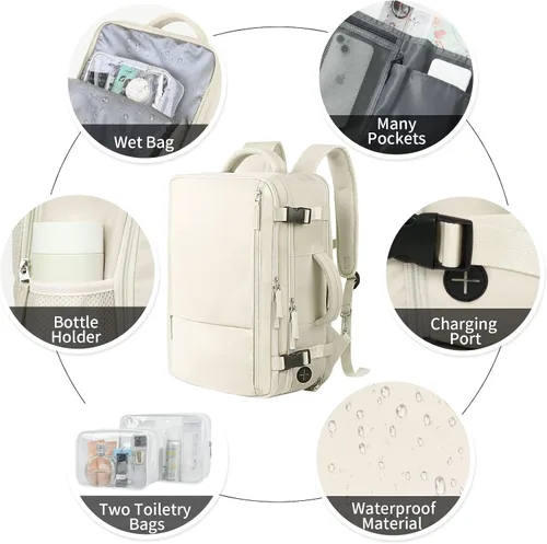 Miniatura 6 de Hanples Mochila de viaje para mujeres y hombres, mochila grande para artículos personales, mochila para laptop aprobada por la TSA Flight, Beige