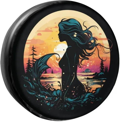 Hermosa silueta de sirena fresca cubierta de neumático de repuesto de piel sintética para remolque, RV, SUV y muchos vehículos de 14 pulgadas