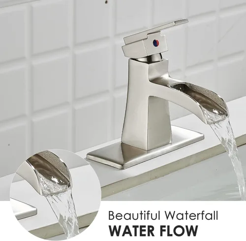 Miniatura 4 de Grifo de baño de cascada de níquel cepillado, grifo de lavabo de baño de una sola manija con desagüe pop-up y placa de cubierta para 1 o 3 orificios