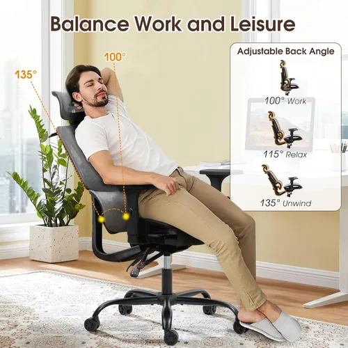 Miniatura 5 de Silla de oficina ergonómica con soporte lumbar ajustable, reposabrazos y reposacabezas 3D, silla reclinable de 135° con base de acero grande, silla
