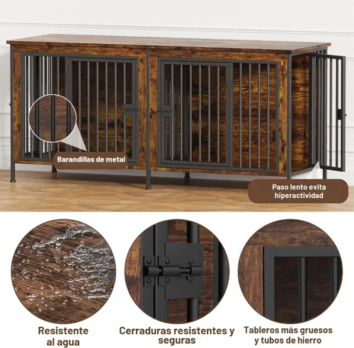 Miniatura 6 de EasyCom - Mueble jaula para 1 o 2 perros, individual o doble, resistente jaula para interiores, base para televisión, mediano, 63 pulgadas de largo
