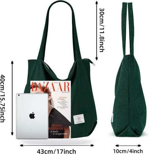 Miniatura 2 de KALIDI - Bolsa de pana para mujer, con cremallera, casual, de gran capacidad, con bolsillos