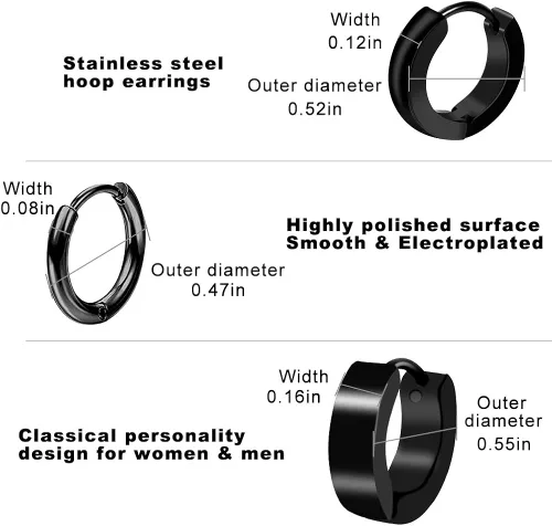 Miniatura 3 de ONESING 10-15 pares de aretes para hombre, aretes negros de acero inoxidable para hombres y mujeres, juego de aretes de piercing para hombre, Acero