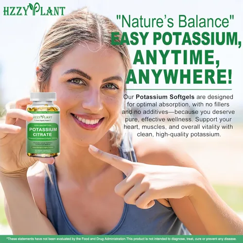 Miniatura 7 de Cápsulas blandas de suplemento de potasio, citrato de potasio de alta absorción, 1000 mg para equilibrio electrolítico muscular, corazón y soporte