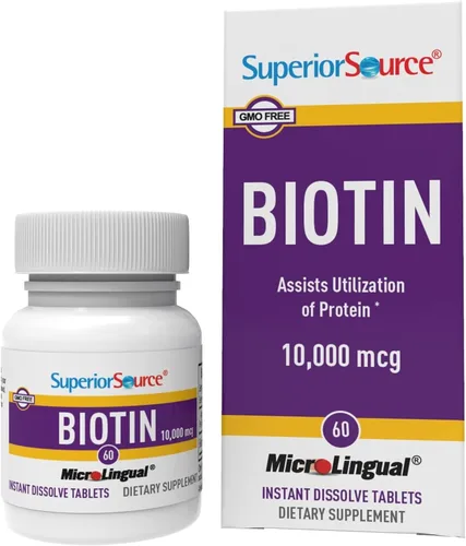 Superior Source Biotina 10000 mcg. Tabletas microlingües de disolución rápida bajo la lengua, 60 unidades, apoya el crecimiento saludable del