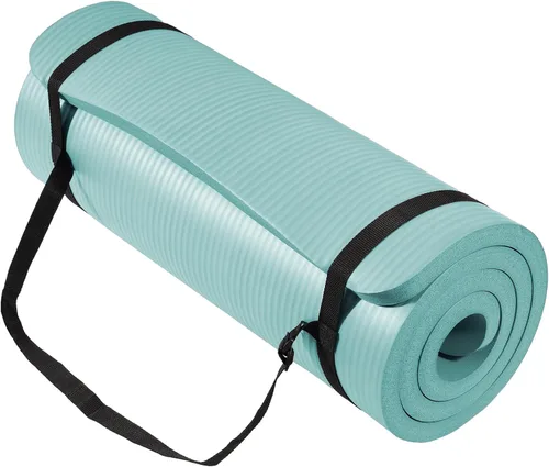 Fitvids Esterilla de yoga extra gruesa de alta densidad antidesgarros de 1/2 pulgada con correa de transporte, color verde