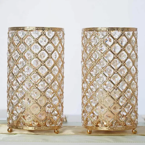 Miniatura 6 de Efavormart - Juego de 2 portavelas votivas de metal dorado de 9 pulgadas, jarrón multiusos con tallo de cristal