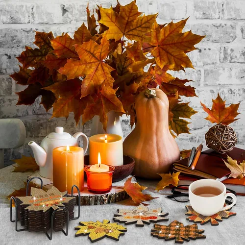 Miniatura 5 de 12 posavasos de arte de diamantes de otoño, calabaza, hoja de arce, Acción de Gracias, bricolaje, pintura con soporte, kit de bricolaje