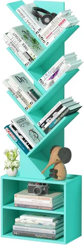 Miniatura 19 de SHEEPAM - Estantería pequeña con cajón, estantería de 4 niveles en forma de árbol en color negro, estantería de escritorio de madera, estanterías