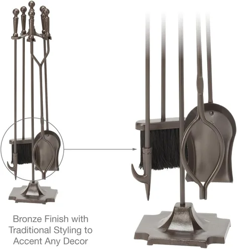 Miniatura 4 de Uniflame F-1634 - Juego de fuego de 5 piezas con asas de bola y base de pedestal, bronce Ball Handles and Pedestal Base