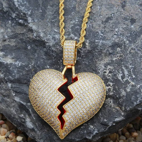 Miniatura 4 de putouzip Cadenas de corazón roto para hombre, chapado en oro de 18 quilates, collar de cadena de eslabones con colgante
