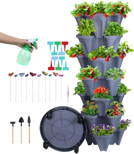 Miniatura 35 de Macetas apilables de polipropileno DUNCHATY, de 5 niveles, verde pino, para interior/exterior, 29" de altura x 13.6" de diámetro 2-1 Paquete