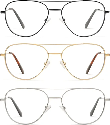 Paquete de 3 lentes de lectura retro estilo aviador para hombres y mujeres, diseño cuadrado de moda, bloqueo de luz azul, para lectura de