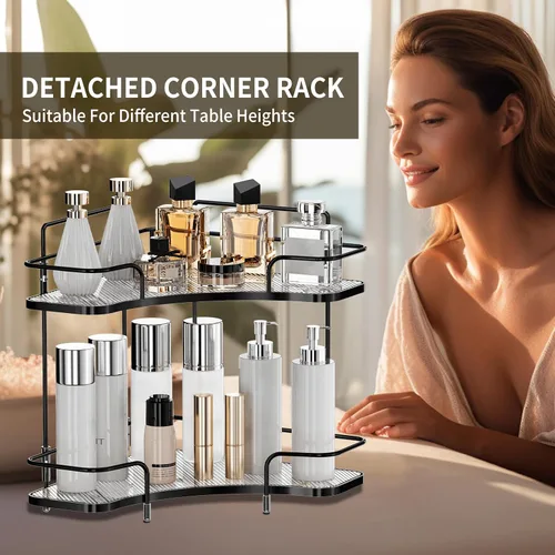 Miniatura 5 de Seoneiro Organizador de esquina de 2 niveles para encimera de baño, organizador cosmético para el cuidado de la piel, bandeja de perfume