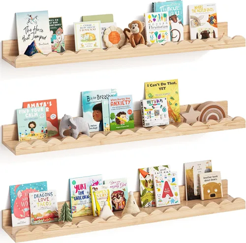 Miniatura 8 de G&W Gruwald Juego de 3 estantes para libros de guardería, decoración de guardería para bebés y niños pequeños, estantes festoneados, estante