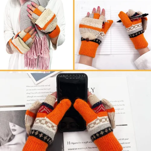 Miniatura 19 de Beurlike Guantes de invierno para mujer, de lana cálida, a prueba de viento, convertibles, sin dedos