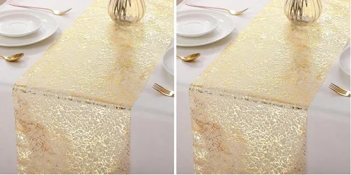 Miniatura 8 de Tatuo 3 piezas de camino de mesa dorado con brillo metálico, camino de mesa metálico con brillo con rollo rectangular de poliéster para decoración
