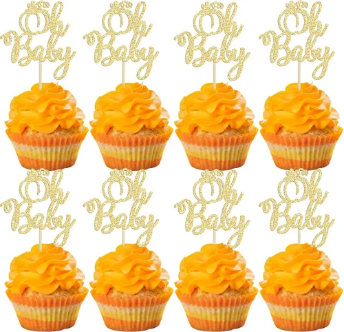 Miniatura 25 de 24 adornos para cupcakes de calabaza para niños o niñas con purpurina para revelación de género, decoración para cupcakes de calabaza, pies