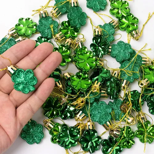 Miniatura 6 de Juego de adornos de tréboles del día de San Patricio, 48 piezas de trébol de la buena suerte, adornos colgantes decorativos de trébol verde
