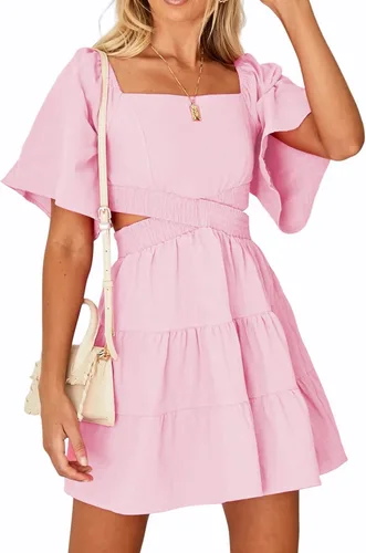 Miniatura 4 de Shy Velvet - Vestido de verano para mujeres, cuello cuadrado, mangas cortas, cintura cruzada, mini vestido de fiesta casual