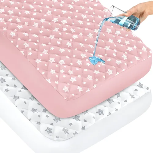 Miniatura 10 de Paquete de 2 protectores de colchón para cuna, impermeables, acolchados, de 52 x 28 pulgadas, extra suave, transpirable, para cama de niños Estrella