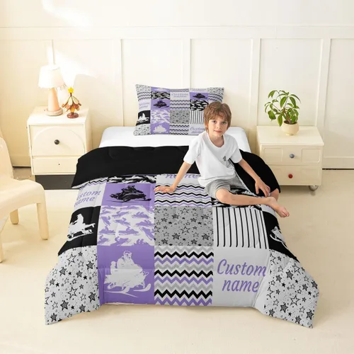 Miniatura 22 de Juego de edredón de softbol personalizado, juego de ropa de cama de retazos a cuadros para niños y niños, edredón de bate de béisbol, juego