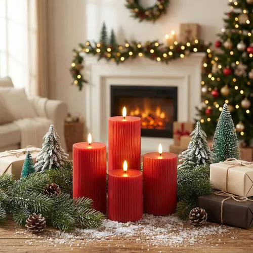 Miniatura 4 de Velas rojas sin llama de Navidad de pilar con control remoto, velas de cera LED estriadas de tapa plana alimentadas por batería, juego de 4 para Rojo