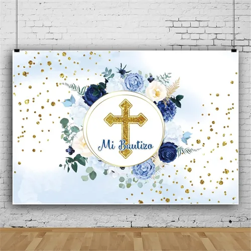 Miniatura 3 de Telón de fondo Mi Bautizo para fiesta de bautismo, primera comunión, fondo de bautizo, flores azules, para niños y niñas, baby shower, decoración