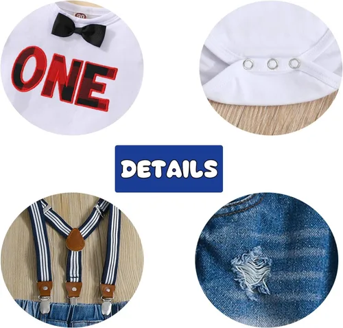 Miniatura 50 de Conjunto de ropa de cumpleaños para bebé niño pequeño, con tirantes, pantalones de mezclilla rasgados