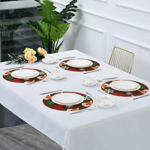 Miniatura 7 de Manteles individuales de Navidad con lazo y ciervos marrones para mesa de comedor, tejido redondo, reutilizables, para bebé, juego de 4 manteles