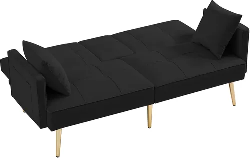 Miniatura 5 de Moderno sofá cama biplaza de terciopelo con 2 bolsillos, sofá cama convertible tapizado con respaldo múltiple ajustable, futón con patas doradas