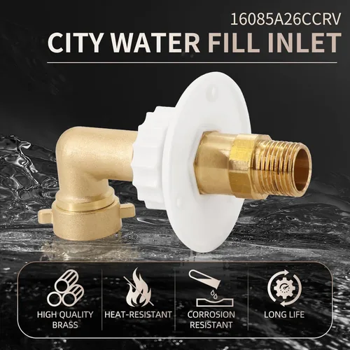 Miniatura 2 de kipa Brida de entrada de agua para autocaravana, latón con codo de manguera, válvula de retención y conector FPT de 1/2" rosca hembra, brida de 3