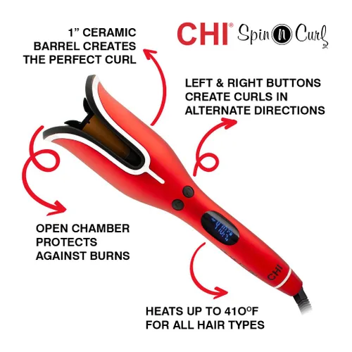Miniatura 2 de CHI Spin N Curl, rizador para rizos y ondas saludables y brillantes sin esfuerzo, proporciona ajustes de temperatura preestablecidos para cada Rojo