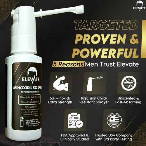 Miniatura 2 de Elevate Tratamiento de crecimiento del cabello 5% Minoxidil Spray para hombres – Fórmula clínicamente probada de rápida absorción para pérdida
